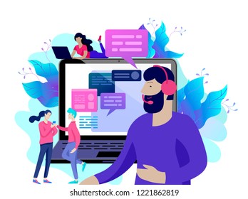 Concept Landing page template customer service, male hotline operator advises client, online global technical support, customer and operator