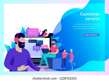 Concept Landing page template customer service, male hotline operator advises client, online global technical support, customer and operator