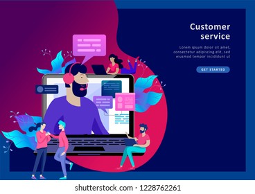 Concept Landing page template customer service, male hotline operator advises client, online global technical support, customer and operator