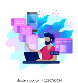 Concept Landing page template customer service, male hotline operator advises client, online global technical support, customer and operator