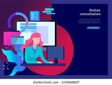 Concept Landing page template customer service, male hotline operator advises client, online global technical support, customer and operator