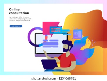 Concept Landing page template customer service, male hotline operator advises client, online global technical support, customer and operator