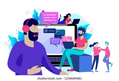 Concept Landing page template customer service, male hotline operator advises client, online global technical support, customer and operator