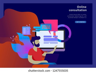Concept Landing page template customer service, male hotline operator advises client, online global technical support, customer and operator