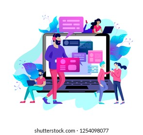 Concept Landing page template customer service, male hotline operator advises client, online global technical support, customer and operator