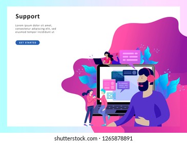 Concept Landing page template customer service, male hotline operator advises client, online global technical support, customer and operator