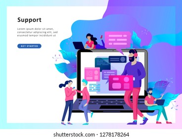 Concept Landing page template customer service, male hotline operator advises client, online global technical support, customer and operator