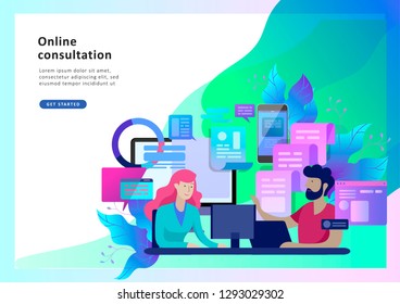Concept Landing page template customer service, male hotline operator advises client, online global technical support, customer and operator