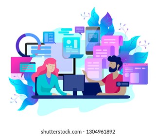 Página de inicio Concepto Servicio al cliente, operador de línea directa masculino asesora al cliente, soporte técnico global en línea, cliente y operador