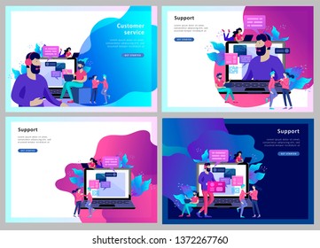 Concept Landing page template customer service, male hotline operator advises client, online global technical support, customer and operator