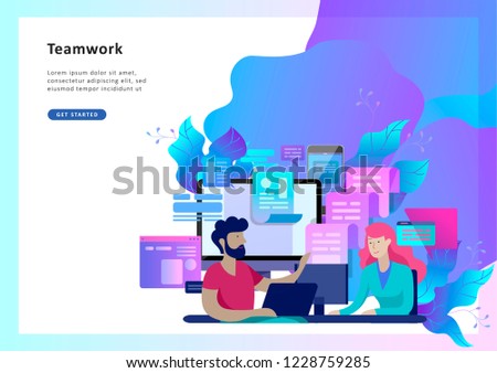 Concept Landing page template customer service, male hotline operator advises client, online global technical support, customer and operator