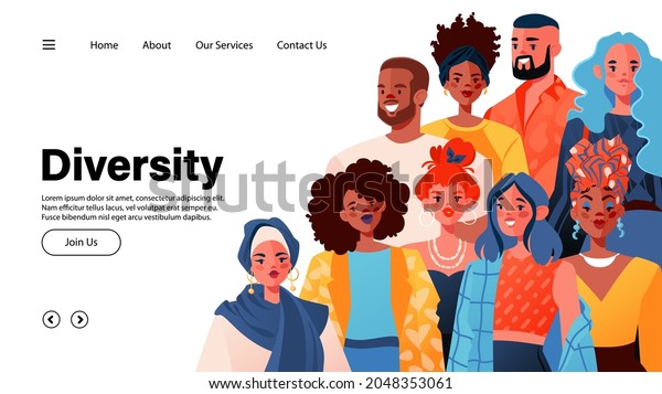 Concept for\
landing page template, design websites with people of different\
nationalities. Group of smiling men and women standing together.\
Equality and combating racial\
prejudice.