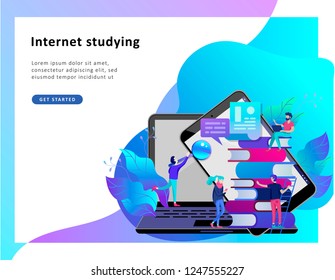 Concept Landing page template Education people, Internet studying, online training, online book, tutorials, e-learning for social media, distance education, documents, cards, posters