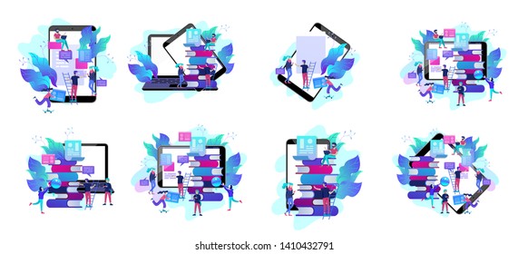 Concept Landing page template Education people, Internet studying, online training, online book, tutorials, e-learning for social media, distance education, documents, cards, posters