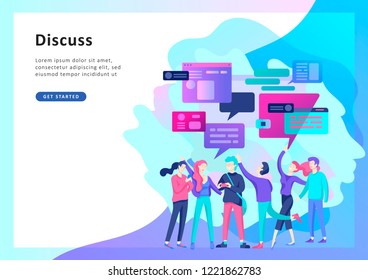 Concept Landing page template, flat style, businessmen discuss social network, news, social networks, chat, dialogue speech bubbles, new projects