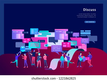 Concept Landing page template, flat style, businessmen discuss social network, news, social networks, chat, dialogue speech bubbles, new projects