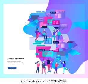 Concept Landing page template, flat style, businessmen discuss social network, news, social networks, chat, dialogue speech bubbles, new projects