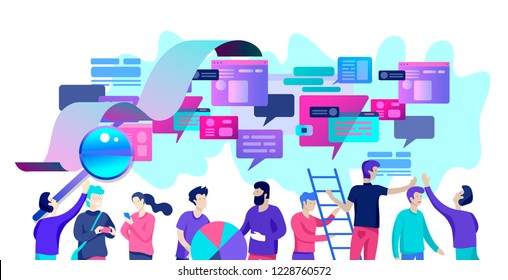 Concept Landing page template, flat style, businessmen discuss social network, news, social networks, chat, dialogue speech bubbles, new projects