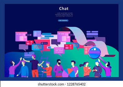 Concept Landing page template, flat style, businessmen discuss social network, news, social networks, chat, dialogue speech bubbles, new projects