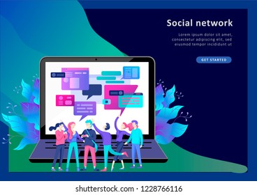 Concept Landing page template, flat style, businessmen discuss social network, news, social networks, chat, dialogue speech bubbles, new projects