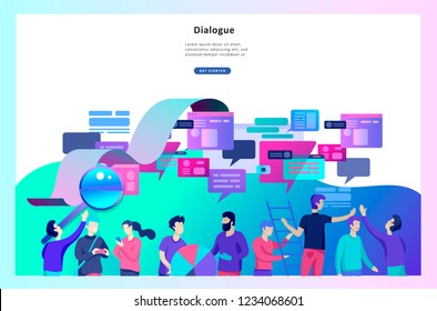 Concept Landing page template, flat style, businessmen discuss social network, news, social networks, chat, dialogue speech bubbles, new projects
