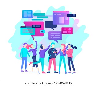 Concept Landing page template, flat style, businessmen discuss social network, news, social networks, chat, dialogue speech bubbles, new projects