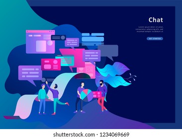 Concept Landing page template, flat style, businessmen discuss social network, news, social networks, chat, dialogue speech bubbles, new projects