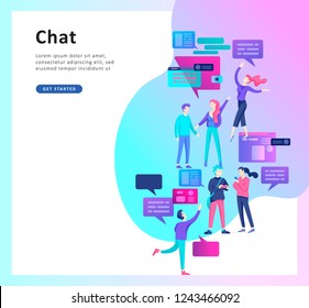 Concept Landing page template, flat style, businessmen discuss social network, news, social networks, chat, dialogue speech bubbles, new projects