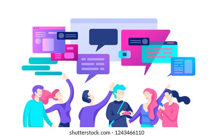Concept Landing page template, flat style, businessmen discuss social network, news, social networks, chat, dialogue speech bubbles, new projects