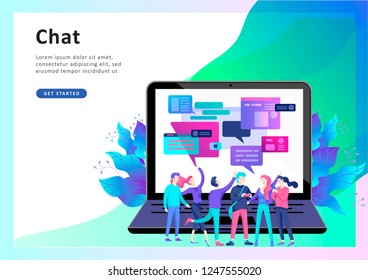 Concept Landing page template, flat style, businessmen discuss social network, news, social networks, chat, dialogue speech bubbles, new projects