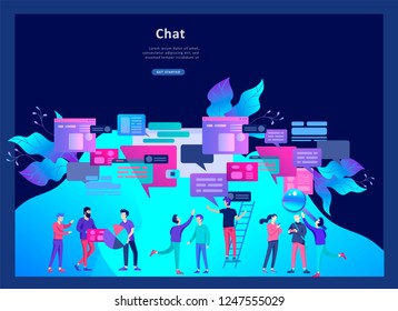 Concept Landing page template, flat style, businessmen discuss social network, news, social networks, chat, dialogue speech bubbles, new projects