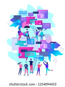 Concept Landing page template, flat style, businessmen discuss social network, news, social networks, chat, dialogue speech bubbles, new projects