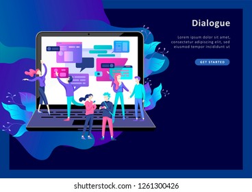 Concept Landing page template, flat style, businessmen discuss social network, news, social networks, chat, dialogue speech bubbles, new projects
