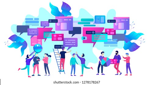 Concept Landing page template, flat style, businessmen discuss social network, news, social networks, chat, dialogue speech bubbles, new projects