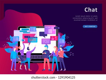 Concept Landing page template, flat style, businessmen discuss social network, news, social networks, chat, dialogue speech bubbles, new projects