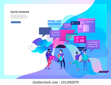 Concept Landing page template, flat style, businessmen discuss social network, news, social networks, chat, dialogue speech bubbles, new projects