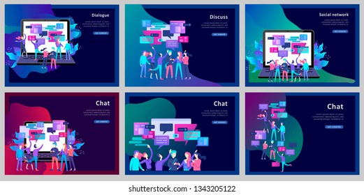 Concept Landing page template, flat style, businessmen discuss social network, news, social networks, chat, dialogue speech bubbles, new projects