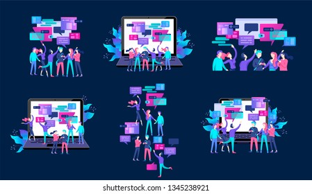 Concept Landing page template, flat style, businessmen discuss social network, news, social networks, chat, dialogue speech bubbles, new projects