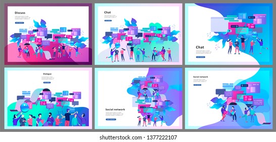 Concept Landing page template, flat style, businessmen discuss social network, news, social networks, chat, dialogue speech bubbles, new projects