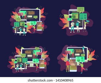 Concept Landing page template, flat style, businessmen discuss social network, news, social networks, chat, dialogue speech bubbles, new projects