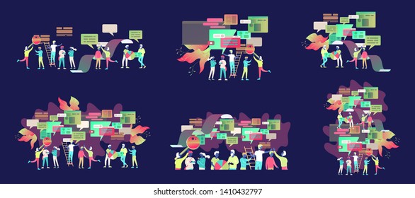 Concept Landing page template, flat style, businessmen discuss social network, news, social networks, chat, dialogue speech bubbles, new projects