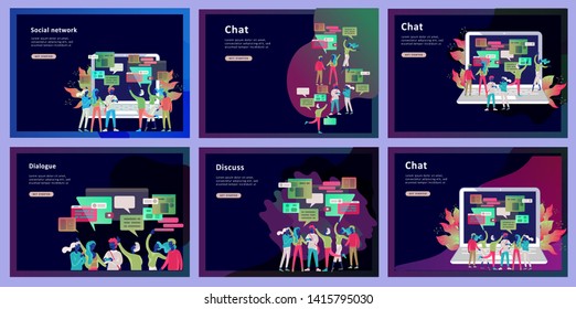 Concept Landing page template, flat style, businessmen discuss social network, news, social networks, chat, dialogue speech bubbles, new projects