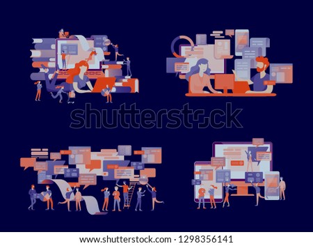 Concept Landing page template, flat style, businessmen discuss social network, news, social networks, chat, dialogue speech bubbles, new projects
