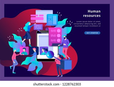 Concept Landing page template Human Resources and selection candidates, banner, presentation, social media. Recruitment for web page. Vector illustration filling out resumes, hiring employees