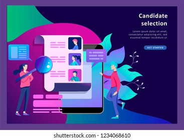 Concept Landing page template Human Resources and selection candidates, banner, presentation, social media. Recruitment for web page. Vector illustration filling out resumes, hiring employees
