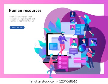 Concept Landing page template Human Resources and selection candidates, banner, presentation, social media. Recruitment for web page. Vector illustration filling out resumes, hiring employees