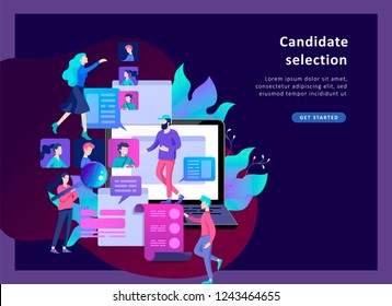 Concept Landing page template Human Resources and selection candidates, banner, presentation, social media. Recruitment for web page. Vector illustration filling out resumes, hiring employees