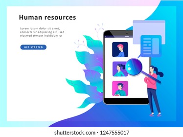 Concept Landing page template Human Resources and selection candidates, banner, presentation, social media. Recruitment for web page. Vector illustration filling out resumes, hiring employees