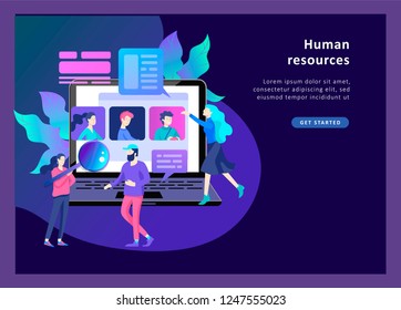 Concept Landing page template Human Resources and selection candidates, banner, presentation, social media. Recruitment for web page. Vector illustration filling out resumes, hiring employees