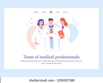 Concept Landing Page Template. Team Of Medical Professionals. Three Doctors Are Standing Nearby. Vector Illustration.